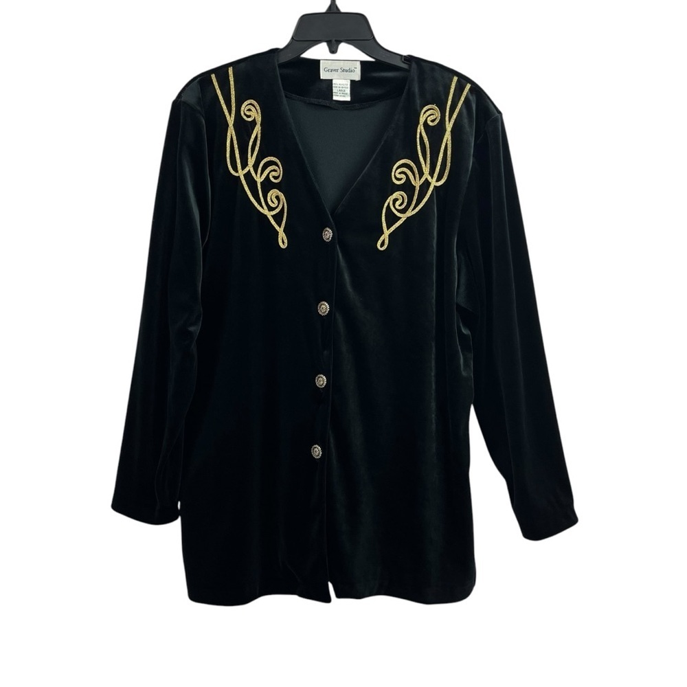Graver Studio Womens Jacket Velvet Black Gold Trim Large Vintage
